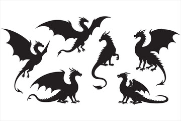 Dragon Silhouette Collection – Fantasy Winged Creatures Vector Art Set

