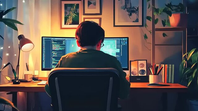 Young person coding at a desk surrounded by plants and art, with a warm glow from the window