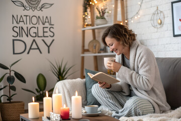 Happy woman celebrating National Singles Day at home. Cozy hygge scene with candles, a book, and coffee. Self-care and contentment for a single person. generative ai