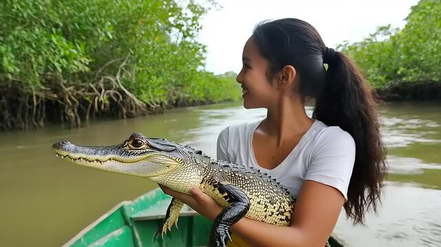 Young woman holding a small alligator in a boat on a river.