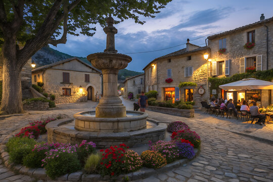Charming French village square in Provence at dusk. A historic stone fountain and illuminated cafe create a picturesque and inviting European travel scene. generative ai