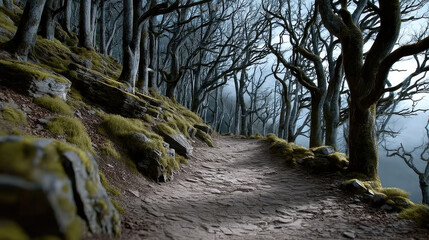 Desolate ancient forest path with twisted trees, mossy rocks, and eerie atmosphere, evoking mystery and solitude