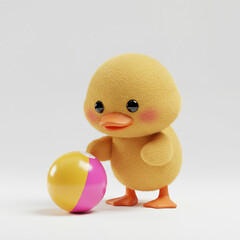 Cute 3D Rendered Duck Character Playing with a Beach Ball