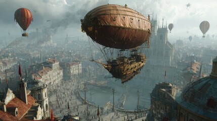 Steampunk Airship over Venetian City