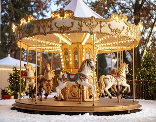 Carousel in a snowy park at dusk