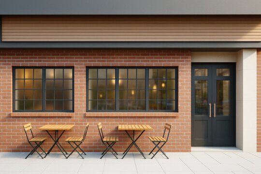 Outdoor cafe seating with wooden tables and chairs in front of a modern brick building with large grid windows and a black double door entrance.