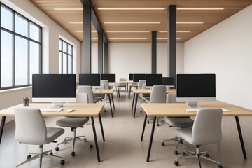 Modern empty open-plan office interior with wooden ceiling, minimalist furniture, and large windows allowing natural light into a contemporary workspace.