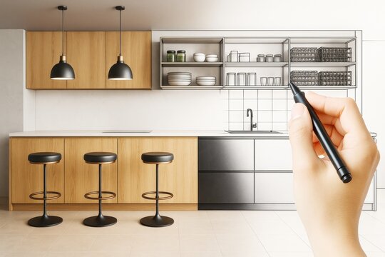 Modern kitchen interior with partial sketch overlay showing design process and creative architectural planning concept on white background wall.