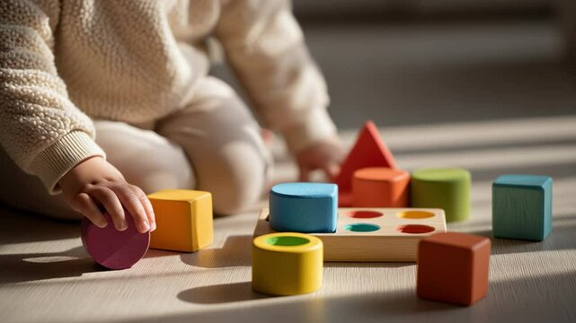 A child is playing with a wooden block set. The blocks are in various colors and shapes. The child is holding a block in their hand