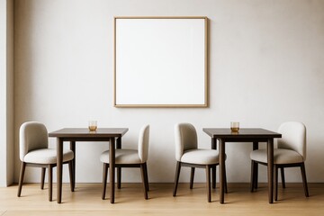Minimalist modern interior with blank frame above two tables and cushioned chairs in a clean room with wooden flooring and neutral wall decor.