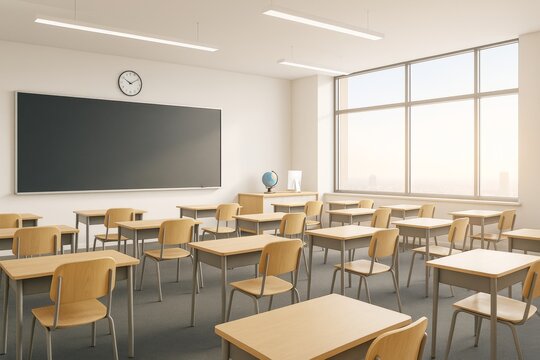 Modern empty classroom interior with wooden desks, large blackboard, and panoramic windows in bright daytime setting. Ai generative.