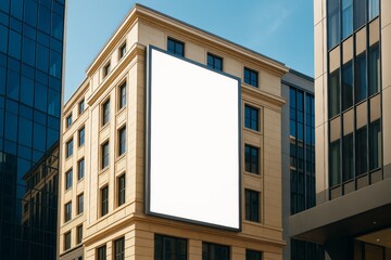 Blank vertical billboard template on beige stone building in modern cityscape among glass office towers under clear blue sky.