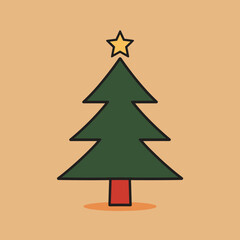 Fototapeta premium Simple green Christmas tree with star on orange background 