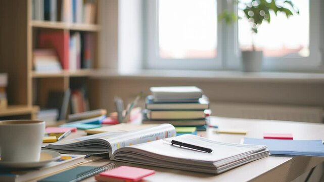 A desk with a white cup and a stack of books. A book is open on the desk