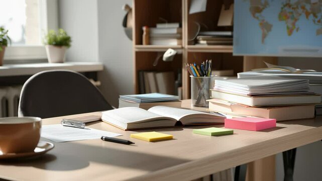 A desk with a cup of coffee, a book, and a stack of books. There are also a few pens and a notebook on the desk
