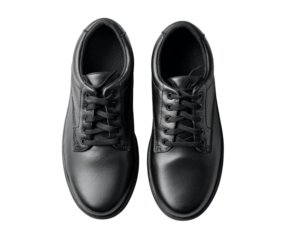 Two black shoes with laces on a white background