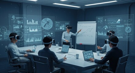 People in a meeting room using virtual reality headsets around a table.