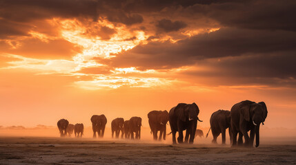 A herd of African elephants crossing a dusty savannah 
