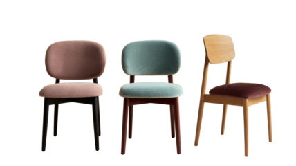 Three chairs are shown in a row, with one being pink, one being blue