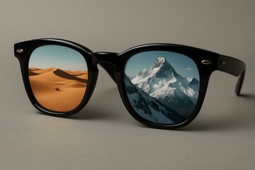 A Unique Perspective on Dual Realities Through Reflective Sunglasses with Desert and Mountain Views