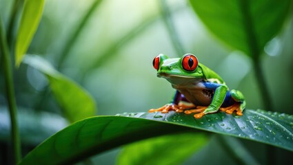 A vibrant red-eyed tree frog sits perched on a large green leaf, surrounded by lush foliage in a natural, tropical environment.