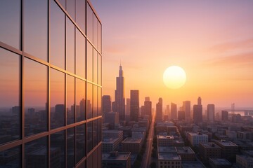 Obraz premium Modern business city skyline with tall glass buildings at sunset reflecting warm light and conceptualizing urban growth and background development.