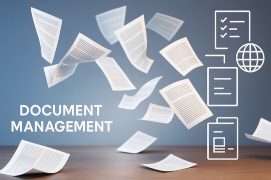 Flying paper sheets and document management icons on blue background with creative light composition representing digital business workflow concept.