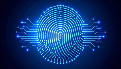 Cybersecurity concept with a glowing digital fingerprint. Biometric scanning technology for personal identity and access.