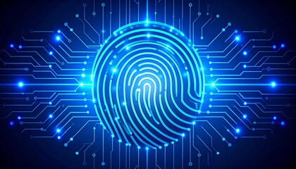 A futuristic blue digital fingerprint on a circuit board, symbolizing cybersecurity and biometric identity verification.