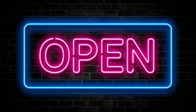 Luminous retro style neon sign with the word open in bright pink glowing letters against a dark wall for business concepts.