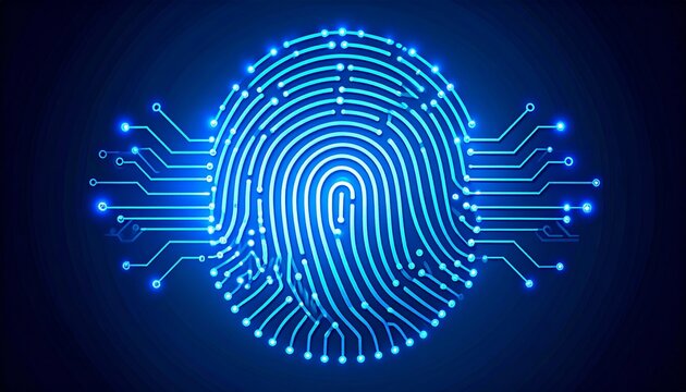 Cybersecurity concept with a glowing digital fingerprint. Biometric scanning technology for personal identity and access.