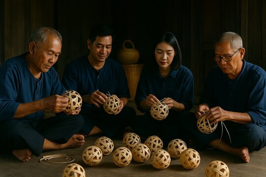 A realistic 4K AI-generated image of four Northern Thai villagers wearing traditional indigo-dyed mor hom shirts while weaving handmade rattan takraw balls. The scene reflects traditional craftsmanshi