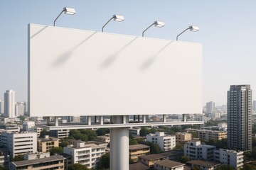 Obraz premium Blank billboard with overhead lights on rooftop above cityscape for advertising and promotion in urban environment during clear daylight.