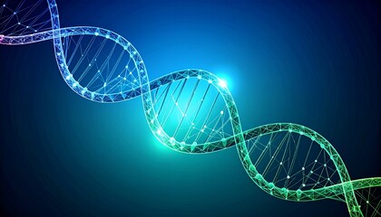 Glowing DNA double helix structure on a blue background. A futuristic digital illustration representing genetics, biotechnology, and scientific innovation.