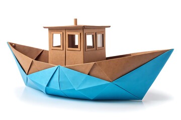 A handcrafted paper ship with a blue hull and cardboard cabin sits proudly