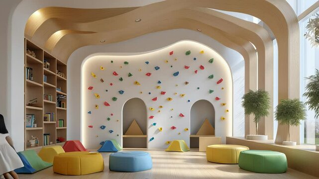 A room with a white wall and a colorful wall with a rock wall. There are two chairs in the room