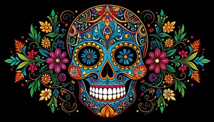 Vibrant sugar skull decorated with intricate floral ornaments, a festive symbol of Mexican cultural celebration on a black background.