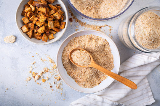 Making homemade panko and breadcrumbs from leftover bread and buns, zero waste concept