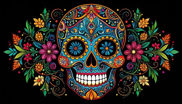 Vibrant sugar skull decorated with intricate floral ornaments, a festive symbol of Mexican cultural celebration on a black background.