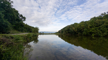 Fototapeta premium Reflective Lake Surrounded by Trees and Cloudy Sky