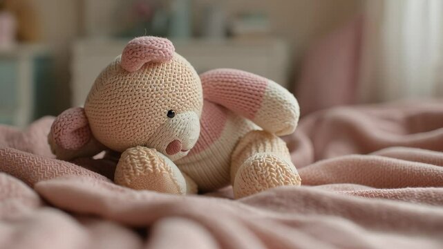 A teddy bear is sitting on a bed. The bear is pink and white