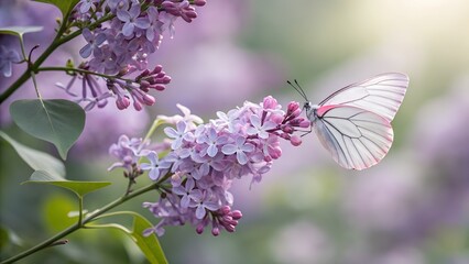 Fototapeta premium Delicate White Butterfly on Lilac Flowers in Soft Spring Light