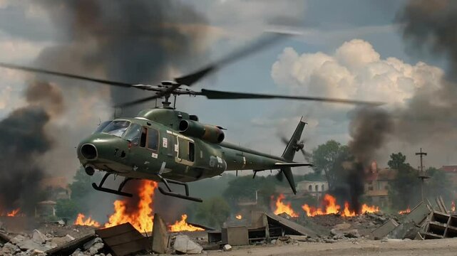 Helicopter Destroyed in War Zone &ndash; Flames, Smoke, and Chaos from Military Combat Operations