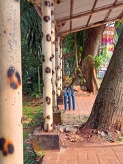 The bus stop looks empty and the street looks desertedreet in the old town
