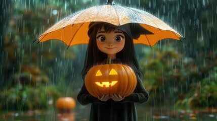 3D rendered cute witch holding a pumpkin umbrella in the rain