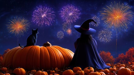 Cartoon witch and black cat watching fireworks from a pumpkin hill in 3D