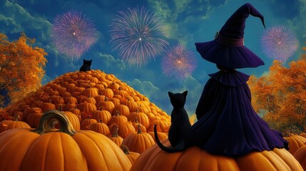 Cartoon witch and black cat watching fireworks from a pumpkin hill in 3D