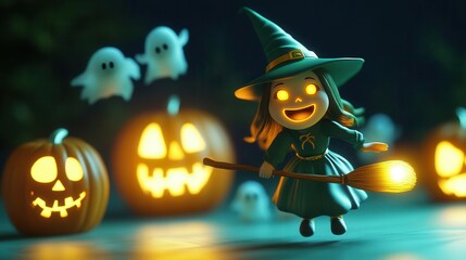 Cartoon witch with glowing broomstick chasing pumpkin ghosts in 3D