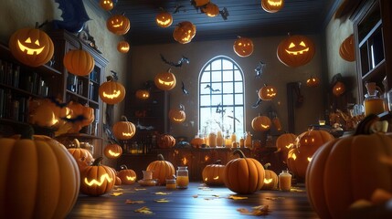 Cartoon witchs room filled with floating pumpkins and potions in 3D