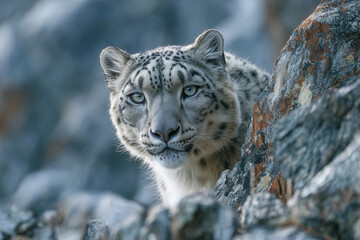 A snow leopard perched on a rocky cliff in the Himalayas, © Amity
